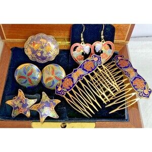 Vintage Cloisonné Jewelry Lot Enamel Dress Clip Hair Combs Earrings China